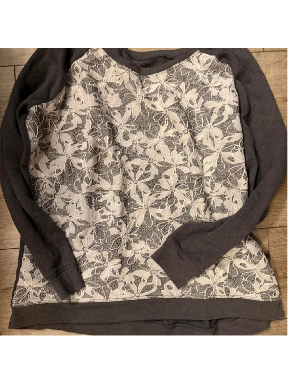Boho romantic floral lace sweatshirt with a charcoal gray base and contrasting i